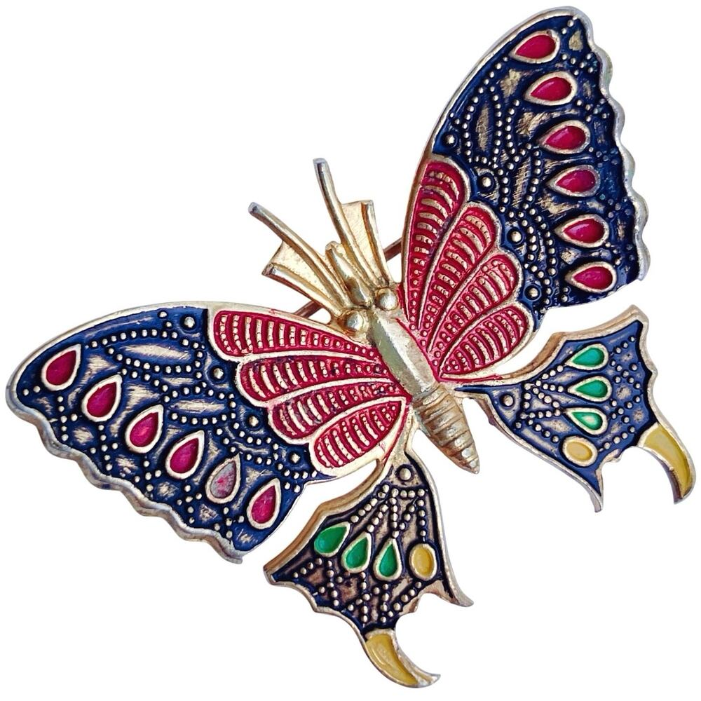 VTG 1950s Butterfly Brooch Gold Tone Black Colorful Enamel Cloisonné Style Pin